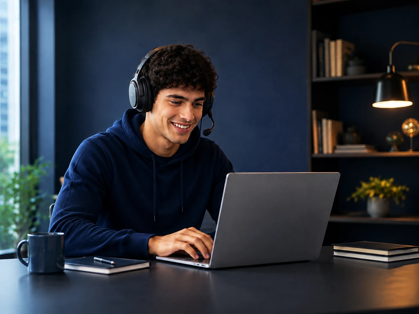 Estudiante trabajando con una laptop y audífonos en un espacio moderno